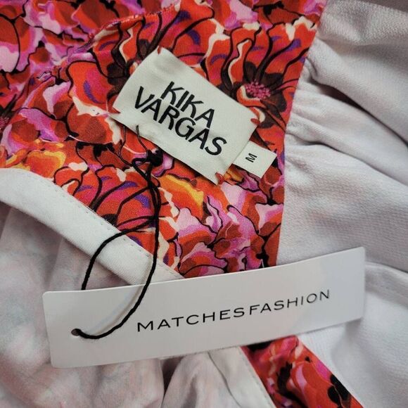 NWT Kika Vargas Maya Pink Floral Midi Dress‎ Sz M Dramatic Puff Sleeves Ruffled - Picture 7 of 12